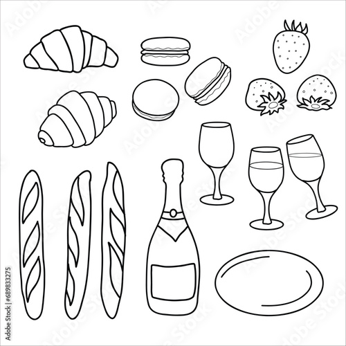 French food set. Champagne bottle, glasses, strawberries and macaroons. Croissants and baguettes. Vector illustration in doodle style.