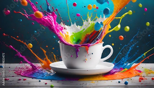 A colorful cup of coffee with a splash