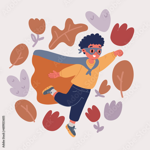 Vector illustration of Little child superhero with yellow cloak and star. Happy smiling kid in glasses ready for education. Success, motivation concept. Back to school. Little businessman isolated on 
