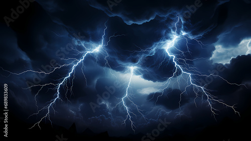 3d render, lightning bolt strike in the sky, dark storm clouds, bright flash with electric jolts photo