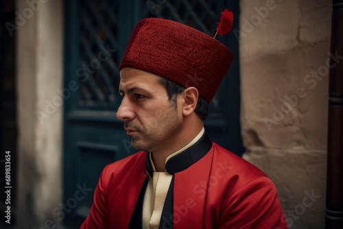 Man turkish fez east culture. Red hat arab easter ethnic turkey. Generate Ai