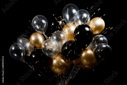 a bunch of gold and black balloons have a black background, party background, party balloons, colorful balloons, gold and white balloons, and balloons on a black background