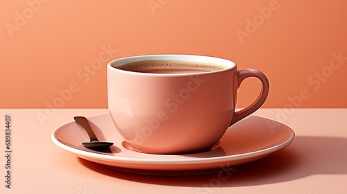 Top view of pink cup of coffee on plain background, copy space, hot drink banner