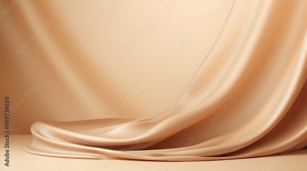 3D display podium, beige background with pedestal nude color silk cloth curtain. Beauty, cosmetic jewelry product presentation stand. Luxury feminine mockup advertisement. - obrazy, fototapety, plakaty 
