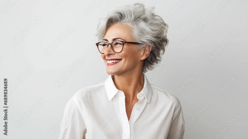 Portrait of a mature woman with glasses on a light background, smiling senior woman in a shirt, well-groomed complexion of an elderly woman Portrait of a mature woman with glasses on a light background, smiling senior woman in a shirt, well-groomed complexion of an elderly woman