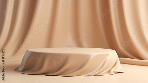 3D display podium, beige background with pedestal nude color silk cloth curtain. Beauty, cosmetic jewelry product presentation stand. Luxury feminine mockup advertisement.