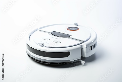 White Robot Vacuum Isolated on White. Front Side View Modern Autonomous Smart Robotic Vacuum Cleaner Roomba. Self-Drive Cleaning Robot. Floor Cleaning System.