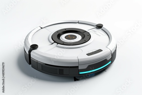 White Robot Vacuum Isolated on White. Front Side View Modern Autonomous Smart Robotic Vacuum Cleaner Roomba. Self-Drive Cleaning Robot. Floor Cleaning System.