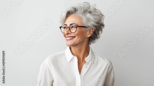 Portrait of a mature woman with glasses on a light background, smiling senior woman in a shirt, well-groomed complexion of an elderly woman