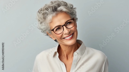 Portrait of a mature woman with glasses on a light background, smiling senior woman in a shirt, well-groomed complexion of an elderly woman photo