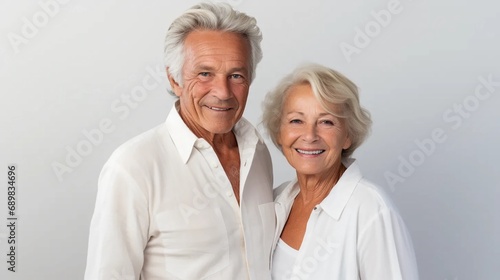 Woman and man of retirement age on light background, healthy and happy seniors, elderly couple smiling