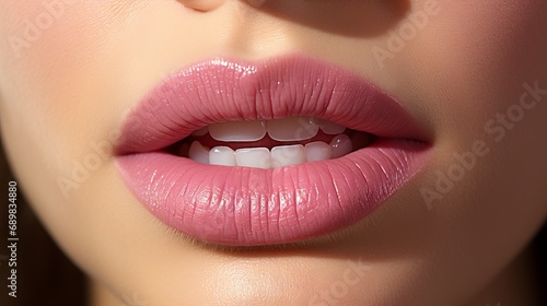 Girl's pink lips close-up, delicate makeup. Smile of a woman with white teeth. photo