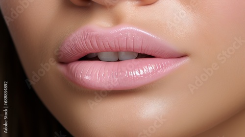 Girl's pink lips close-up, delicate makeup. Smile of a woman with white teeth.