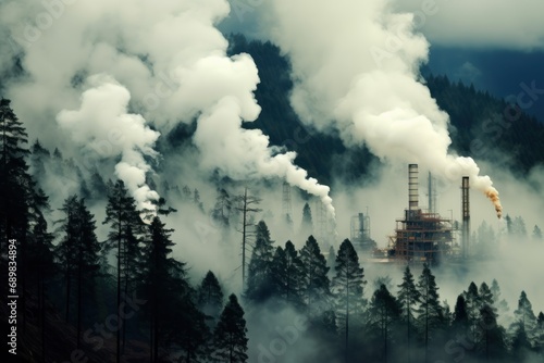 Smoke from factory chimneys in the forest. Global warming concept. Industry concept. Air pollution Concept