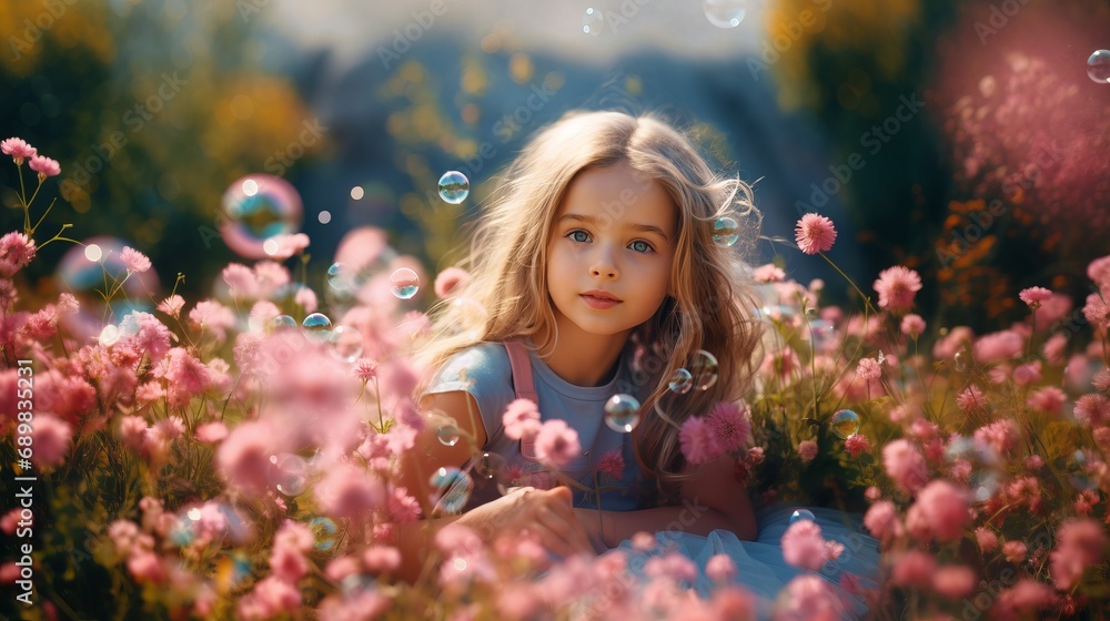 Cute funny baby wear white summer dress over flower meadow background. Kid laughing outdoors over nature. Looking at camera. Childhood. Cute funny baby wear white summer dress over flower meadow background. Kid laughing outdoors over nature. Looking at camera. Childhood.