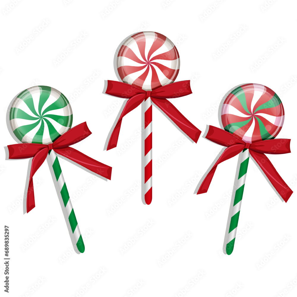 Striped peppermint lollipops. Set of christmas candy on a white background. Christmas decoration. Merry Christmas. Vector illustration Striped peppermint lollipops. Set of christmas candy on a white background. Christmas decoration. Merry Christmas. Vector illustration