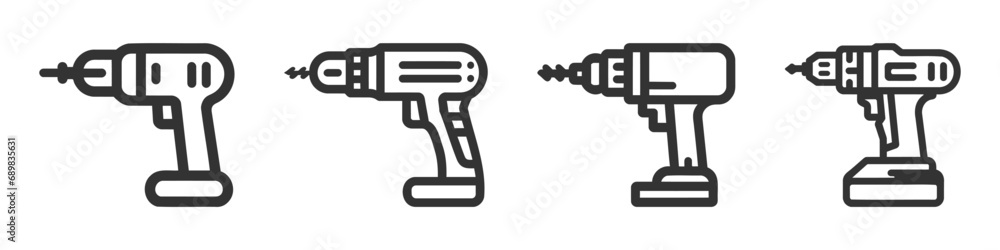 Screwdriver, power drill line icon set, pack, collection, outline vector sign, linear pictogram isolated on white Screwdriver, power drill line icon set, pack, collection, outline vector sign, linear pictogram isolated on white