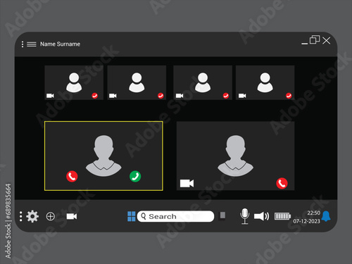 Videocall interface landing page screen set for 6 people.  video call screen icons and UI template, vector overlay. Virtual webinar, meeting, dialogue, conversation, event. 