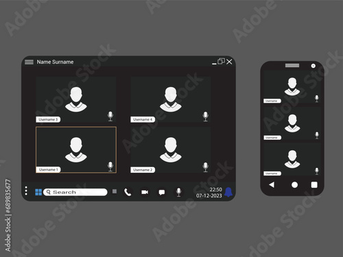 Online conference landing page screen set for 4 people. and mobile screen set 3 people, Virtual webinar, meeting, dialogue, conversation, event. 3 different illustration options.