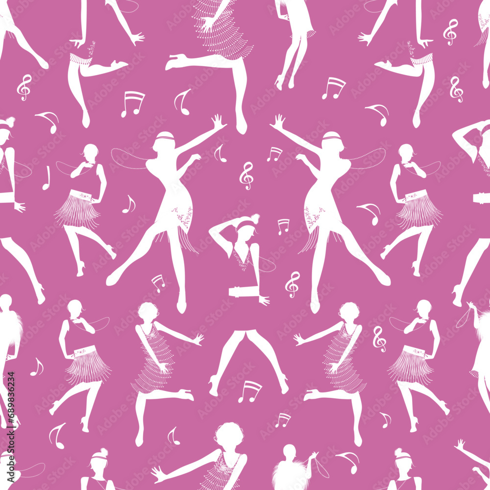 Seamless pattern of flapper girl silhouettes dancing Charleston, swing or retro jazz music.