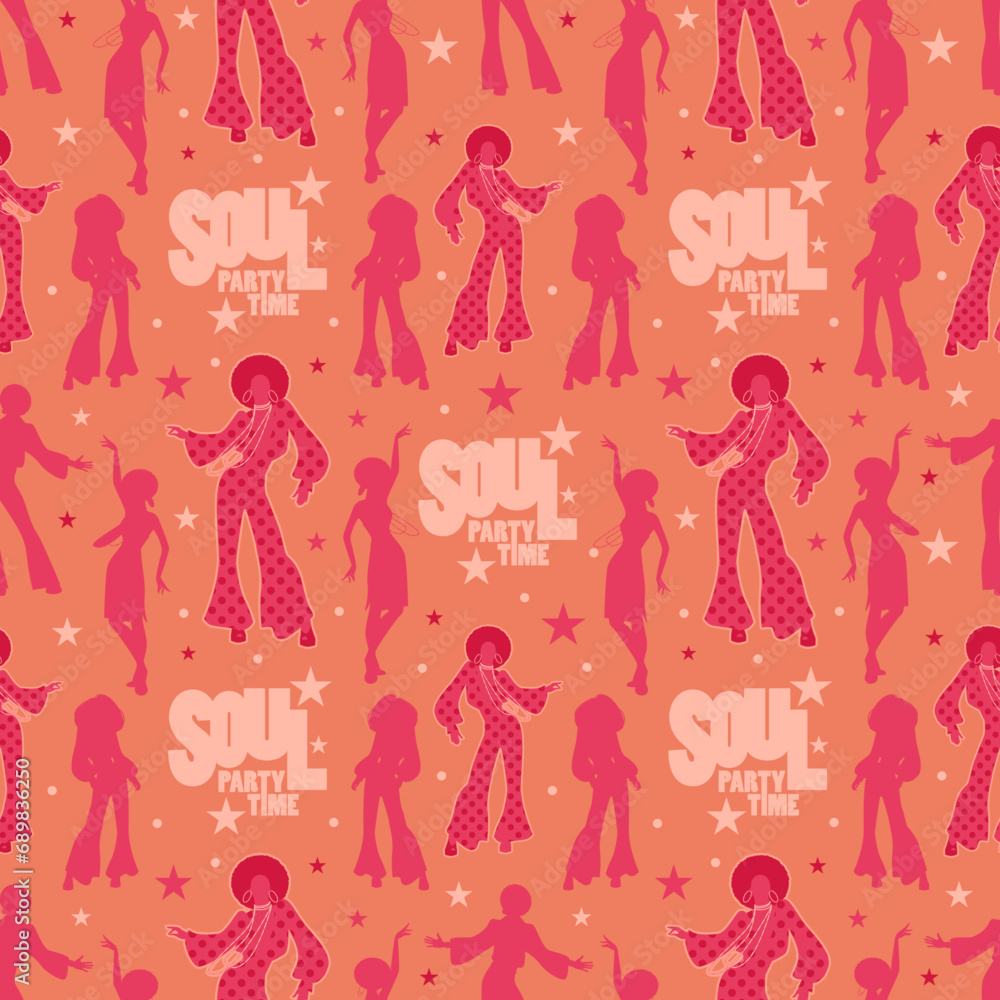 Retro 60s or 70s style female silhouettes dancing soul dance or disco music seamless pattern.