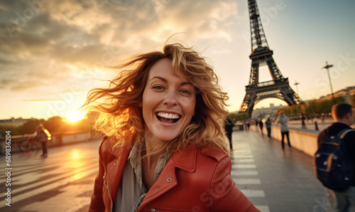 Happy woman travel in Paris, Cheerful Female near Eiffel Tower, Travel to Europe, Famous popular tourist place in world..