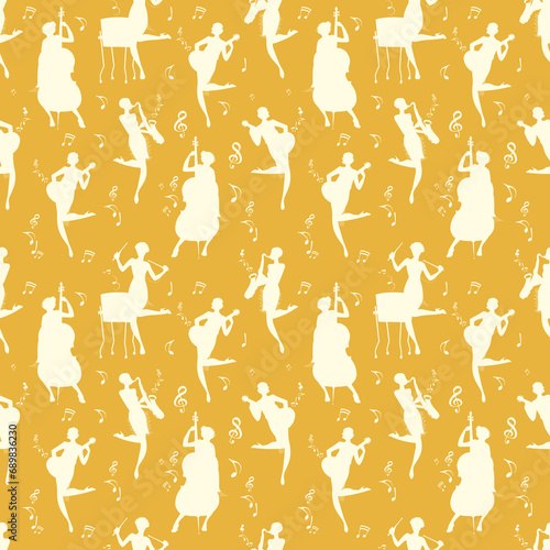 Seamless pattern of flapper girls silhouettes playing jazz music related instruments.