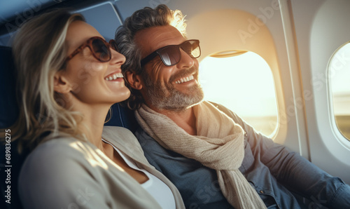 Happy smiling couple is flying in an airplane in first class, travel relax and recharge