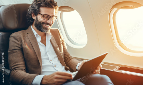 Smiling happy businessman flying and working in an airplane in first class, Man  sitting inside an airplane using laptop. photo