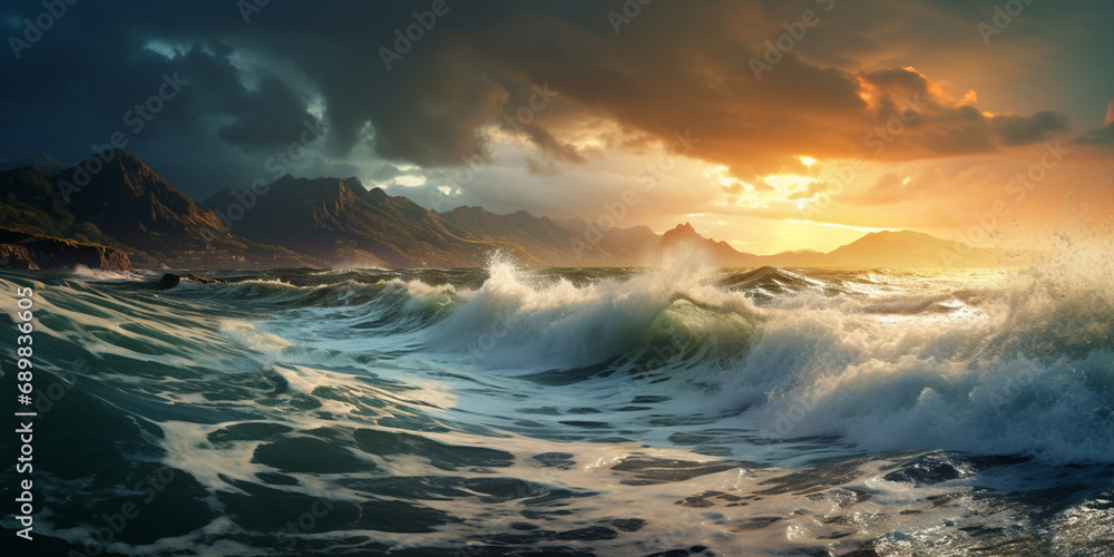 Sea Storm view, waves with foam in storm, seascape, sea or ocean under dark blue clouds, turquoise colour of water. Mountains coastline. Big Waves.