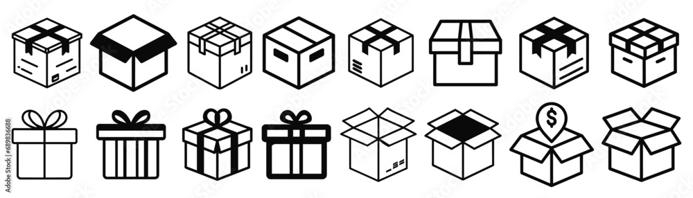 Box icon set isolated on white background. Delivery package vector set. Shipping cardboard parcel sign. Box icon set isolated on white background. Delivery package vector set. Shipping cardboard parcel sign.