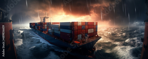 Cargo ship liner with containers on board in storm sea 