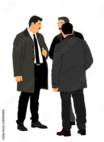 Businessman crew in suite, tie, coat vector illustration. Handsome business people office chat conversation. Elegant man manager. Bodyguard observe secret agent care president security. Event safety.