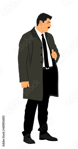 Businessman in suite and tie standing vector illustration. Handsome business man in office work. Elegant man manager. Bodyguard observe, secret agent care president security. Event safety organisation