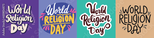 Collection of square text banner for World Religion Day. Handwriting text World Religion Day inscriptions set. Color text banners set. Hand drawn vector art