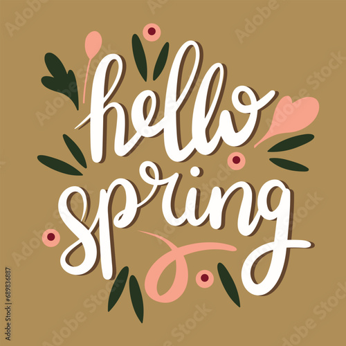Hello Spring inscription banner. Handwriting text banner Hello Spring square composition. Hand drawn vector art.