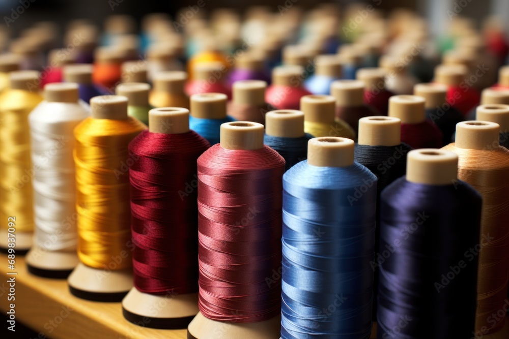 Spools of thread arranged in rows. Colorful embroidery thread spool using in garment industry, row of multicolored yarn rolls, sewing material selling in the market. Craft, hobby concept Spools of thread arranged in rows. Colorful embroidery thread spool using in garment industry, row of multicolored yarn rolls, sewing material selling in the market. Craft, hobby concept