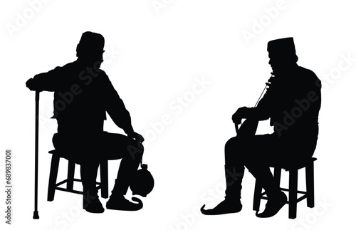 Traditional wear folklore Serbia old man sitting on chair with stick vector silhouette isolated. Balkan culture, grandfather veteran warrior vintage heritage dress listening guslar play gusle music. 