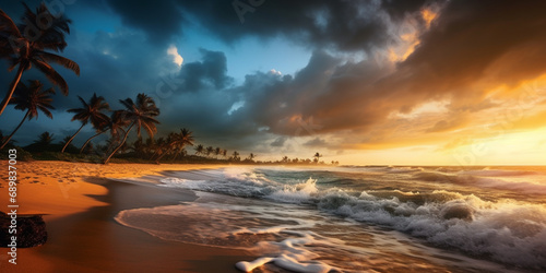 Tropical beach panorama view with foam waves before storm, seascape with Palm trees, sea or ocean water under sunset sky with dark blue clouds. Background of summer waves, sand coastline at evening. © Andrii IURLOV