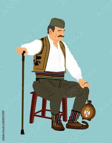 Traditional wear folklore Serbia old man sitting on chair with stick vector illustration isolated. Balkan culture grandfather vintage heritage dress male East Europe. Veteran warrior in shack, opans.
