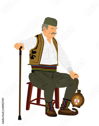 Traditional wear folklore Serbia old man sitting on chair with stick vector illustration isolated. Balkan culture grandfather vintage heritage dress male East Europe. Veteran warrior in shack, opans. photo