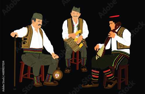 Traditional wear folklore Serbia old man sitting vector illustration. Balkan culture grandfathers vintage dress male with villager friends who crown corn cob on farm listening guslar play gusle music.