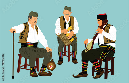 Traditional wear folklore Serbia old man sitting vector illustration. Balkan culture grandfathers vintage dress male with villager friends who crown corn cob on farm listening guslar play gusle music.