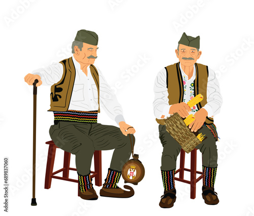 Traditional wear folklore Serbia  old man sitting on chair with stick vector illustration isolated. Balkan culture grandfathers vintage dress male with villager friends who crown corn by hands on farm