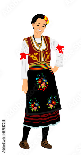 Traditional wear folklore dancer girl from Serbia play kolo dance vector illustration isolated background. Balkan culture female vintage dress woman from Europe. Smiling lady dancing in heritage dress