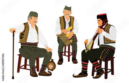 Traditional wear folklore Serbia old man sitting vector illustration. Balkan culture grandfathers vintage dress male with villager friends who crown corn cob on farm listening guslar play gusle music.