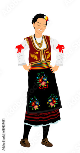 Traditional wear folklore dancer girl from Serbia play kolo dance vector illustration isolated background. Balkan culture female vintage dress woman from Europe. Smiling lady dancing in heritage dress