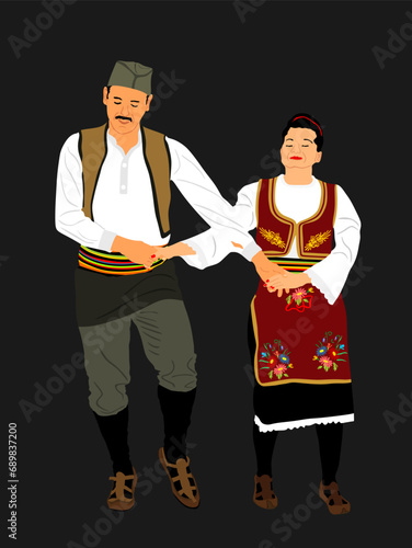 Traditional wear folklore dancers couple from Serbia play kolo dance vector illustration isolated on background. Balkan culture vintage dress dancers from Europe. Man and woman dancing holding hands.