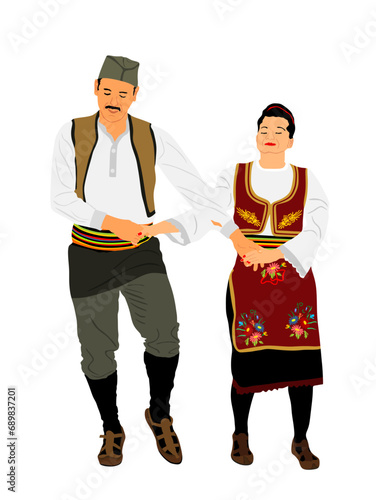 Traditional wear folklore dancers couple from Serbia play kolo dance vector illustration isolated on background. Balkan culture vintage dress dancers from Europe. Man and woman dancing holding hands.