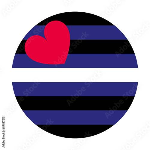 Circle badge Leather pride flag vector illustration. LGBTQ+ community. Fetish flag leather community. Represent the leather kink, denim, bondage, uniforms, and other fetishes. Heart on strips symbol.